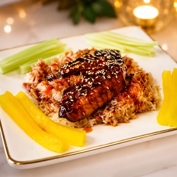 Teriyaki chicken with sesame seeds, rice, celery, and yellow pickled daikon on a white plate.