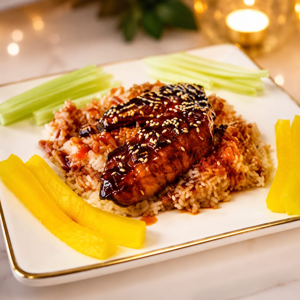 Teriyaki chicken with sesame seeds, rice, celery, and yellow pickled daikon on a white plate.