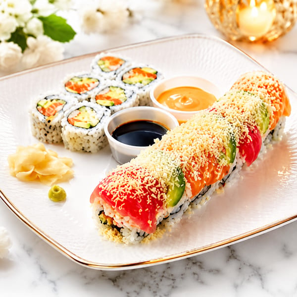 A sushi platter with a long rainbow roll, six smaller rolls, ginger, wasabi, and two dipping sauces.