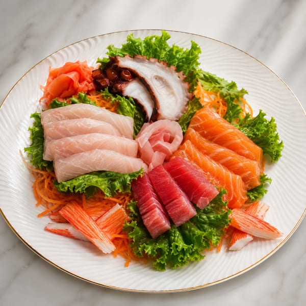 A white plate filled with various sashimi, including salmon, tuna, octopus, and crab sticks.