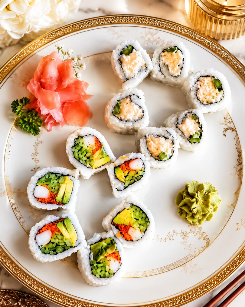 Two types of sushi rolls, pickled ginger, and wasabi elegantly arranged on a white and gold plate.