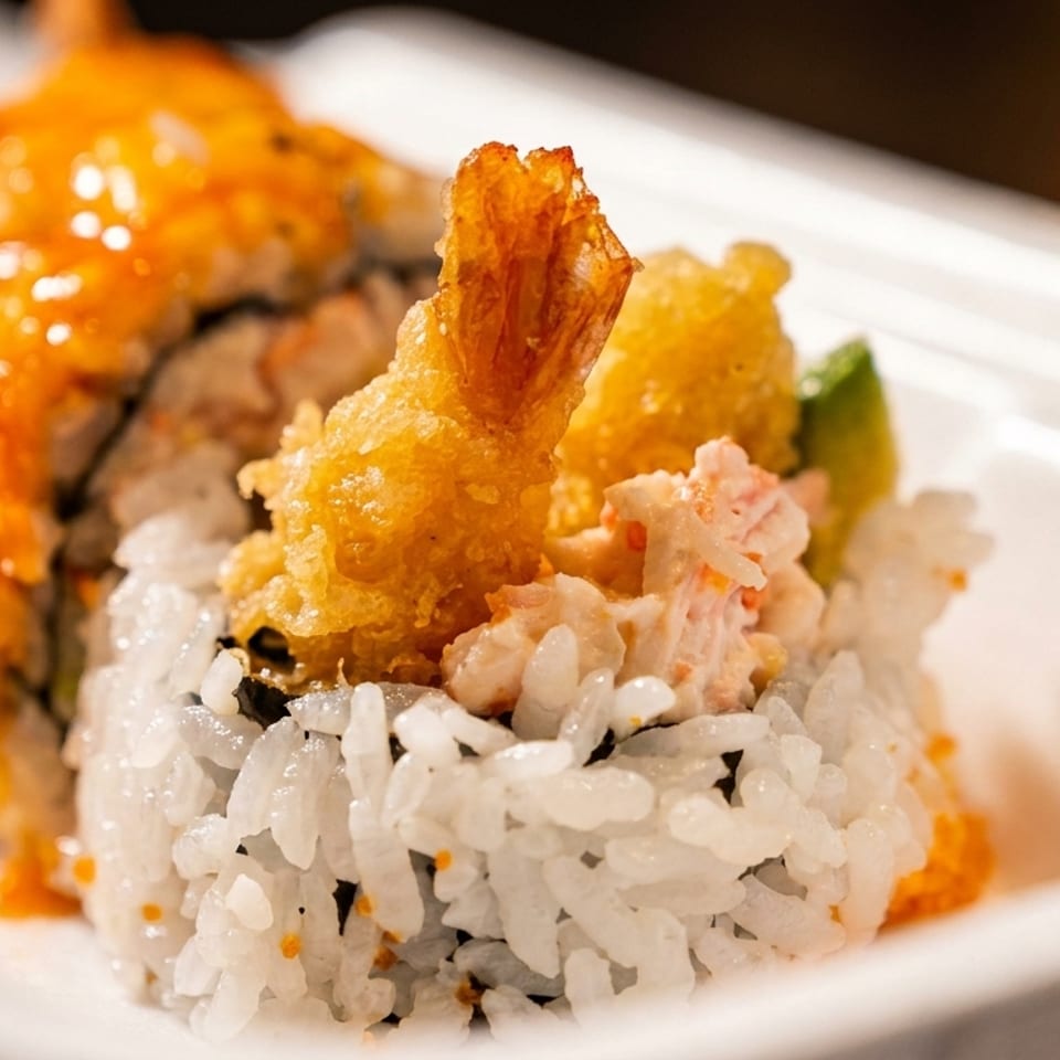 Close-up of sushi rolls with tempura shrimp, crab salad, and orange sauce in a white container.