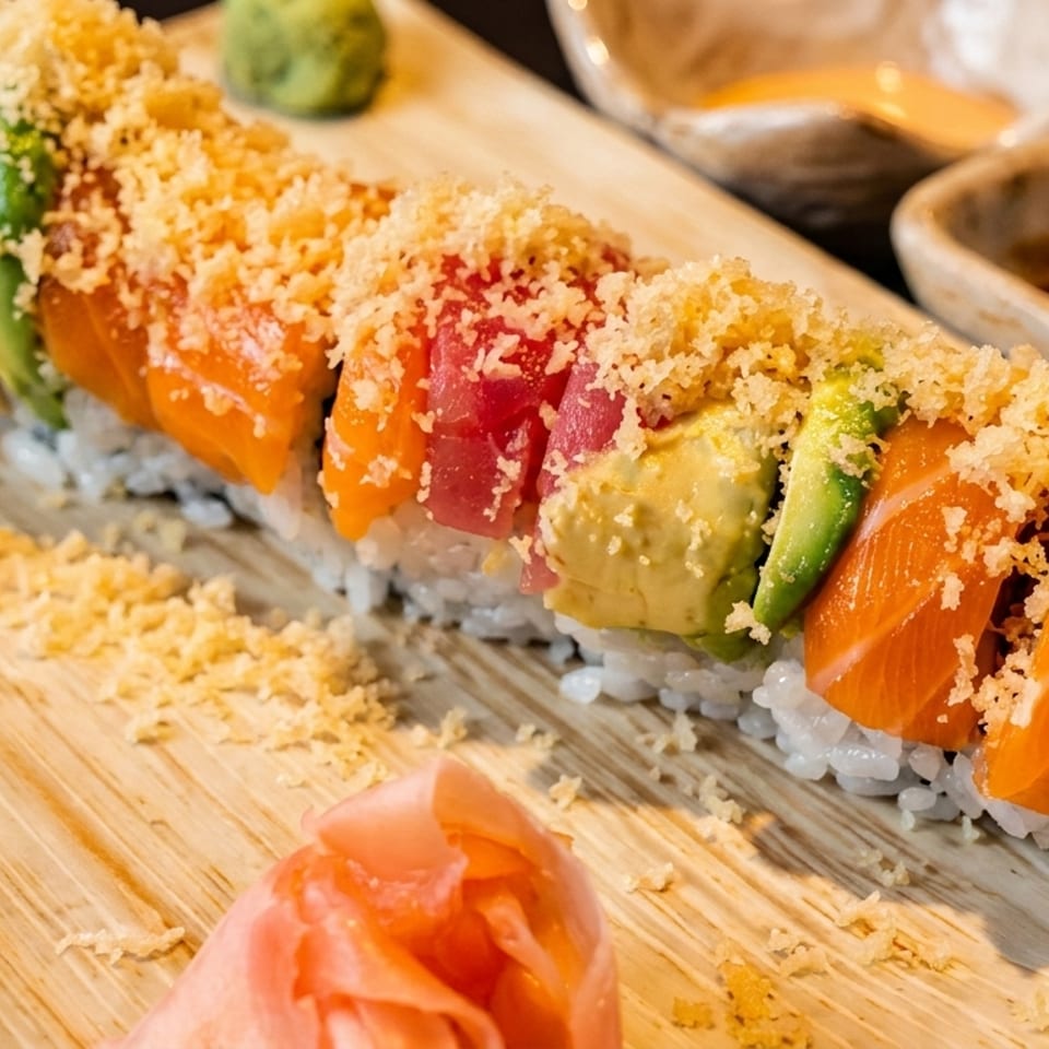 Colorful sushi roll with tuna, salmon, and avocado, topped with tempura flakes and served with ginger.