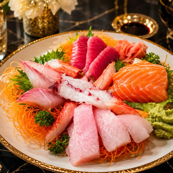 A large platter of colorful sashimi, including tuna, salmon, and white fish, with wasabi and ginger.