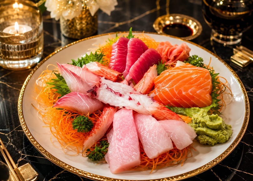 A large platter of colorful sashimi, including tuna, salmon, and white fish, with wasabi and ginger.