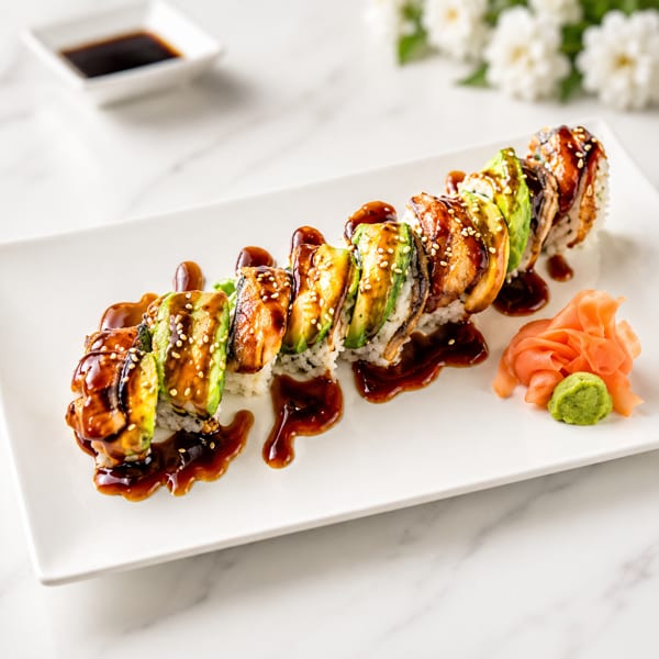 Dragon Roll sushi with eel, avocado, sesame seeds, and sweet sauce, served with ginger and wasabi.
