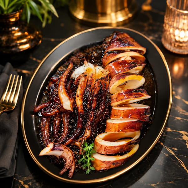 Grilled squid tentacles and rings in a dark sauce, garnished with herbs on a black plate.