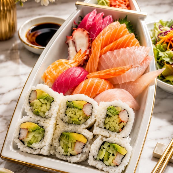 A boat-shaped platter filled with various sushi rolls, sashimi, and nigiri on a marble table.