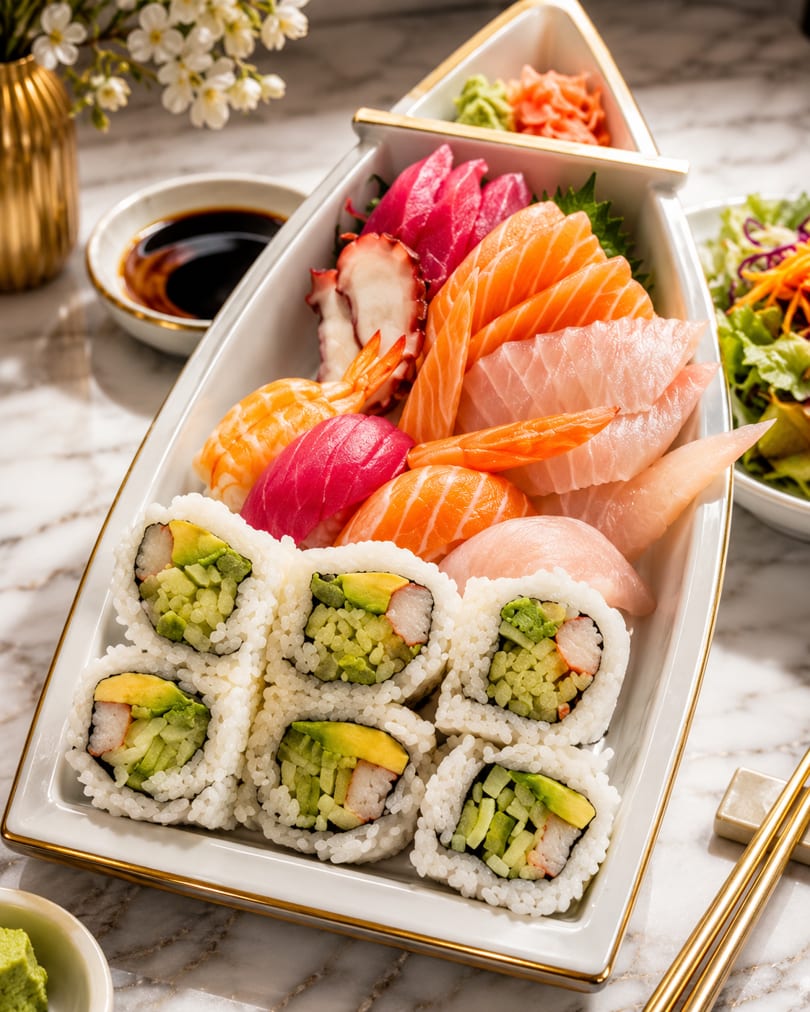 A boat-shaped platter filled with various sushi rolls, sashimi, and nigiri on a marble table.
