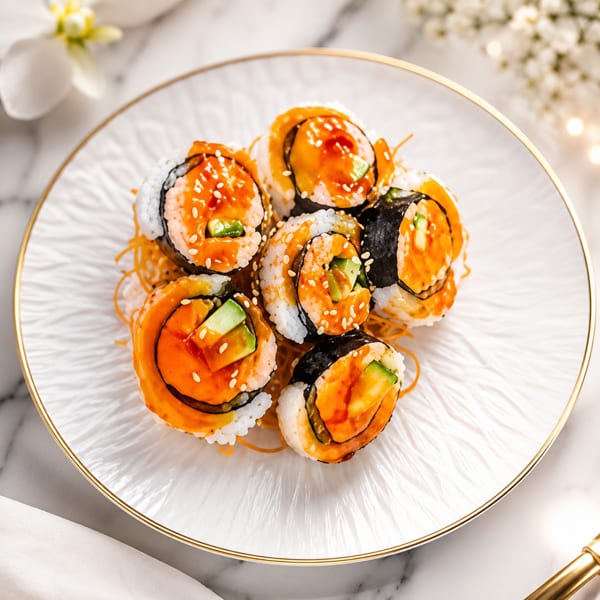 Sushi rolls with orange sauce, sesame seeds, and avocado on a white plate.