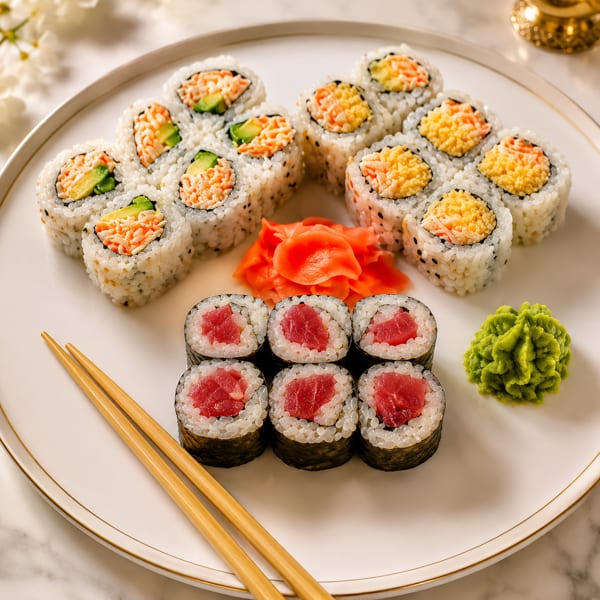 A white plate with various sushi rolls, including tuna, California, and spicy crab, with ginger and wasabi.