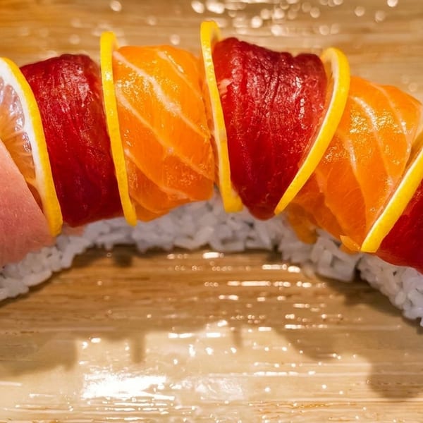Rainbow sushi roll with tuna, salmon, and lemon slices, served with ginger and wasabi.